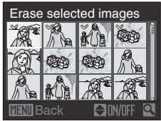 Erase selected images MENU Back ON/OFF