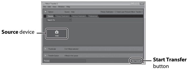 Nikon Transfer 2 File Edit View Window Help Options Source P300 Primary Destination C:\Users\Laser\Pictures\Nikon Transfer 2 Source Primary Destination Backup Destination References Search For Source device P300 Thumbnail 0 of 4 files selected Transfer Queue 4 files in the queue Process Start Transfer Start Transfer button
