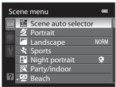 Scene menu Scene auto selector Portrait Landscape NORM Sports Night portrait Party/indoor Beach