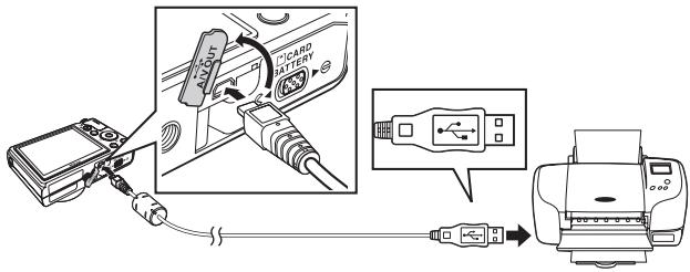 Diagram showing connection between a device and a printer, with labeled components including 'A/CARD BATTERY' and an icon of a USB jack.