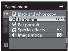 Scene menu Black and white copy Panorama EASY > Pet portrait Special effects Image mode