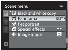 Scene menu Black and white copy Panorama EASY Pet portrait Special effects -- Image mode