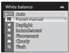 White balance AUTO Auto PRE Preset manual * Daylight * Incandescent * Fluorescent Cloudy Flash