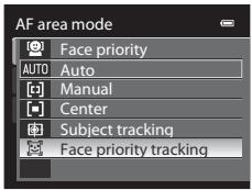 AF area mode Face priority AUTO Auto Manual Center Subject tracking Face priority tracking