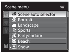 NIKON COOLPIX P500 - Press the MENU button to display the scene menu, choose Scene auto selector with the multi selector and press the  button. - 2