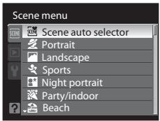 NIKON COOLPIX P7000 - Press the MENU button to display the scene menu, choose Scene auto selector with the rotary multi selector and press the  button. - 2