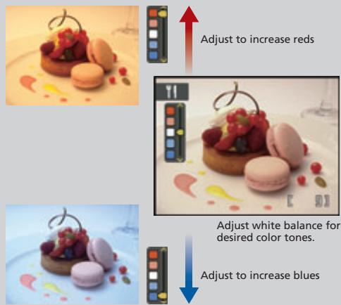 Adjust to increase reds Adjust white balance for desired color tones. Adjust to increase blues
