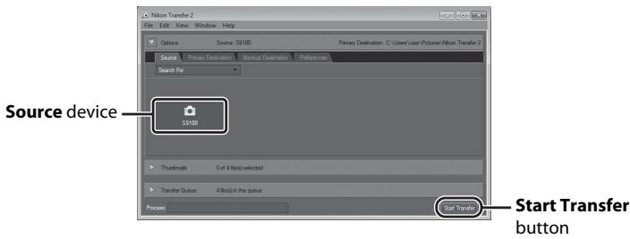 Nikon Transfer 2 File Edit View Window Help Options Source: SN100 Primary Destination C:\Users\user\Pictures\Nikon Transfer 2 Source Primary Destination Backup Destination Preferences Search For 59180 Source device Thumbnails 0 of 4 files (selected) Transfer Queue 4 files in the queue Process Start Transfer button