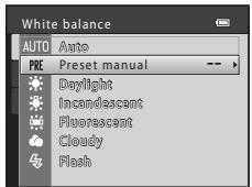 White balance AUTO Auto PRE Preset manual -- Daylight Incandescent Fluorescent Cloudy Flash