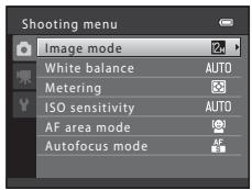 Shooting menu Image mode White balance AUTO Metering ISO sensitivity AUTO AF area mode AF Autofocus mode