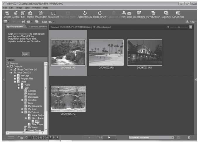ViewNX 2 - C:\Users\user\Pictures\Nikon Transfer 2\001 File Edit Image View Window Help Browser Geo Tag Edit Transfer Movie Editor Focus Paint Play Voice Maps Rotate 50/CDW Rotate 50/CDW Capture NX 2 Print Email Log Matching my Pictureown SideShow Convert Files Soft RBBC Filter my Pictustown Favorite Folders Login to my Pictureown to easily upload your files from ViewNX 2 my Pictustown allows you to store objects, and share your files online. Login Folders Desktop Computer Ropyo Disk Drive (A) Local Disk (C) Perflops Program Files Users Public Users Contacts Desktop Downloads Favorites Links My Documents My Music My Pictures Image Backup Nikon Transfer 500 Slide Shows My Videos Travel Grass Selected: DSCN0001.JPG (2.70 MB) | Filtering Off. 4 files displayed DSCN0001.JPG DSCN0002.JPG DSCN0003.JPG DSCN0004.JPG Tag 0 1 2 3 4 5 6 7 8 9 1 / 4 No recorded processes