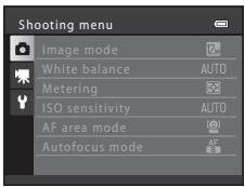 Shooting menu Image mode White balance AUTO Metering ISO sensitivity AUTO AF area mode Autofocus mode AF