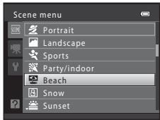 Scene menu Portrait Landscape Sports Party/indoor Beach Snow Sunset