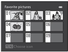 Favorite pictures 01 02 03 04 05 06 07 08 09 MENU Choose icon