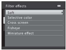 Filter effects Soft Selective color Cross screen Fisheye Miniature effect