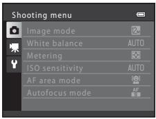 Shooting menu Image mode White balance AUTO Metering ISO sensitivity AUTO AF area mode Autofocus mode AF