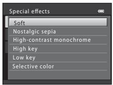 Special effects Soft Nostalgic sepia High-contrast monochrome High key Low key Selective color