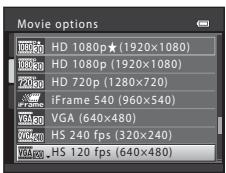 Movie options 1080p HD 1080p (1920x1080) 1080p HD 1080p (1920x1080) 720p HD 720p (1280x720) iFrame 540 (960x540) VGA 540 VGA (640x480) VGA 540 HS 240 fps (320x240) VGA 540 HS 120 fps (640x480)
