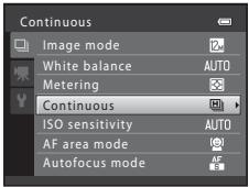 Continuous Image mode White balance AUTO Metering Continuous ISO sensitivity AUTO AF area mode Autofocus mode