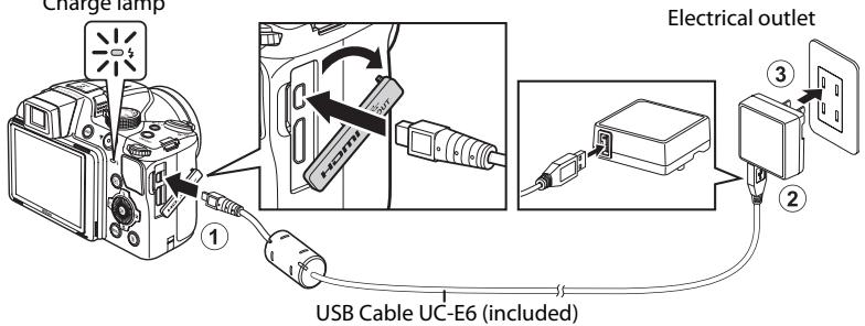 NIKON COOLPIX P510 - Make sure the battery is inserted in the camera, and then connect the camera to the Charging AC Adapter in order of ① to ③. - 1