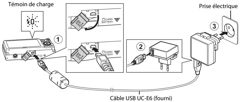 NIKON COOLPIX S6500 - Vérifiez que l'accumulateur est installé dans l'appareil photo, puis raccordez l'appareil photo à l'adaptateur de charge dans l'ordre de ① à ③. - 1