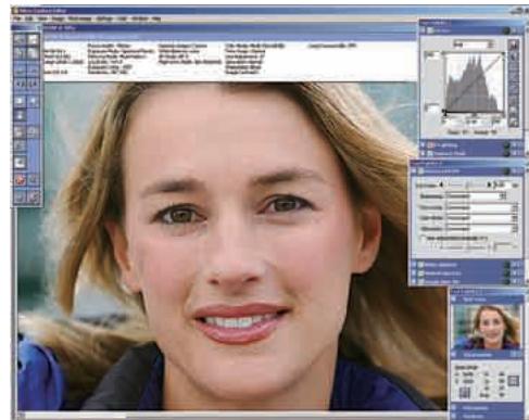 Screenshot of a photo editing software interface showing a woman's face with editing tools and a histogram chart in the background.
