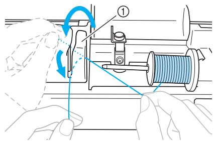 BROTHER INNOV-IS 700E - While holding the thread lightly with your right hand, pull the thread with your left hand, and then pass the thread behind the thread guide cover and to the front. - 1