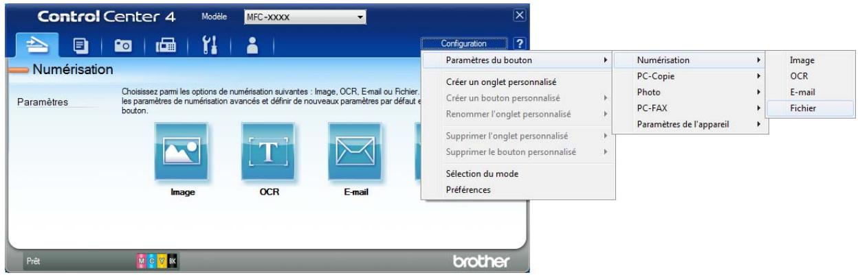 Control Center 4 Modèle MFC-XXXX Numérisation Paramètres Choisissez parmi les options de numérisation suivantes : Image, OCR, E-mail ou Fichier. les paramètres de numérisation avancés et définir de nouveaux paramètres par défaut en bouton. Image OCR E-mail Configuration Paramètres du bouton Créer un onglet personnalisé Créer un bouton personnalisé Renommer l'onglet personnalisé Supprimer l'onglet personnalisé Supprimer le bouton personnalisé Sélection du mode Préférences Numérisation PC-Copie Photo PC-FAX Paramètres de l'appareil Image OCR E-mail Fichier Prêt M C Y B K brother