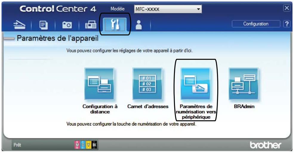Control Center 4 Modèle MFC-xxxx Configuration ? Paramètres de l'appareil Vous pouvez configurer les réglages de votre appareil à partir d'ici. Configuration à distance Carnet d'adresses Paramètres de numérisation vers périphérique BRAdmin Vous pouvez configurer la touche de numérisation de votre appareil. Prêt M C Y B K brother