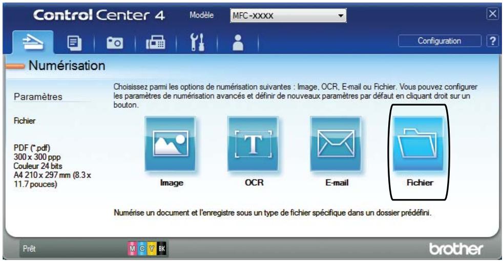 Control Center 4 Modèle MFC-xxxx Configuration ? Numérisation Paramètres Fichier Choisissez parmi les options de numérisation suivantes : Image, OCR, E-mail ou Fichier. Vous pouvez configurer les paramètres de numérisation avancés et définir de nouveaux paramètres par défaut en cliquant droit sur un bouton. PDF (*.pdf) 300 x 300 ppp Couleur 24 bits A4 210 x 297 mm (8.3 x 11.7 pouces) Image OCR E-mail Fichier Numérisse un document et l'enregistre sous un type de fichier spécifique dans un dossier prédéfini. Prêt M C Y B K brother