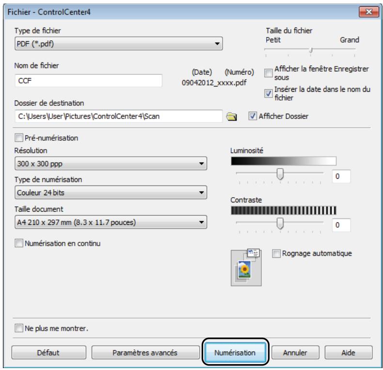 Fichier - ControlCenter4 Type de fichier PDF (*.pdf) Taille du fichier Petit Grand Nom de fichier CCF (Date) (Numéro) 09042012_xxxx.pdf Afficher la fenêtre Enregistrer sous Insérer la date dans le nom du fichier Dossier de destination C:\Users\User\Pictures\ControlCenter4\Scan Afficher Dossier Pré-numérisation Résolution 300 x 300 ppp Luminosité 0 Type de numérisation Couleur 24 bits Contraste 0 Taille document A4 210 x 297 mm (8.3 x 11.7 pouces) Numérisation en continu Rognage automatique Ne plus me montrer. Défaut Paramètres avancés Numérisation Annuler Aide