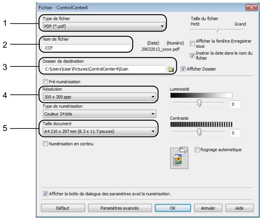 Fichier - ControlCenter4 1 Type de fichier PDF (*.pdf) 2 Nom de fichier CCF (Date) (Numéro) 29032012_xxxx.pdf 3 Dossier de destination C:\Users\User\Pictures\ControlCenter4\Scan 4 Pré-numérisation Résolution 300 x 300 ppp 5 Type de numérisation Couleur 24 bits Taille document A4 210 x 297 mm (8.3 x 11.7 pouces) 6 Numérisation en continu 7 Taille du fichier Petit Grand □ Afficher la fenêtre Enregistrer sous □ Insérer la date dans le nom du fichier ■ Afficher Dossier Luminosité 0 Contraste 0 □ Rognage automatique ■ Afficher la boîte de dialogue des paramètres avat la numérisation. Défaut Paramètres avancés OK Annuler Aide