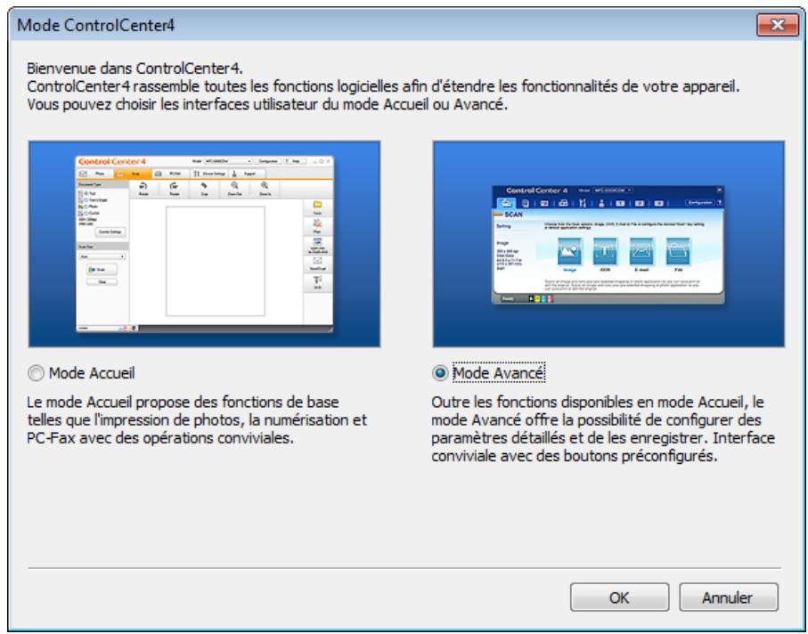 Mode ControlCenter4 Bienvenue dans ControlCenter4. ControlCenter4 rassemble toutes les fonctions logicielles afin d'étendre les fonctionnalités de votre appareil. Vous pouvez choisir les interfaces utilisateur du mode Accueil ou Avancé. Control Center 4 Le mode Accueil propose des fonctions de base telles que l'impression de photos, la numérisation et PC-Fax avec des opérations conviviales. Mode Avance Outre les fonctions disponibles en mode Accueil, le mode Avance offre la possibilité de configurer des paramètres détaillés et de les enregistrer. Interface conviviale avec des boutons préconfigurés. OK Annuler