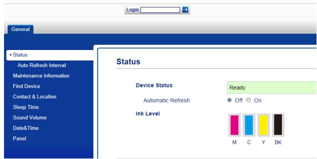 Login General Status Auto Refresh Interval Maintenance Information Find Device Contact & Location Sleep Time Sound Volume Date&Time Panel Status Device Status Ready Automatic Refresh Off On Ink Level M C Y BK