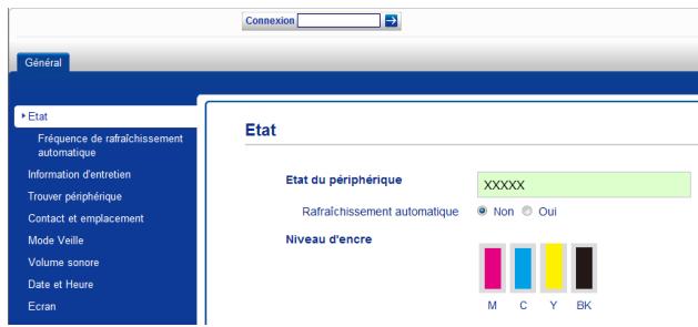 Général ► Etat Fréquence de rafraîchissement automatique Information d'entretien Trouver périphérique Contact et emplacement Mode Veille Volume sonore Date et Heure Ecran Etat Etat du périphérique XXXXX Rafraîchissement automatique Non Oui Niveau d'encre M C Y BK