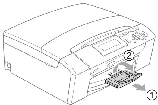 BROTHER DCP-387C - Tout en retenant le bac à papier, retirez le support papier (1) jusqu'à entendre le déclic, puis dépliez le volet du support papier (2). - 1