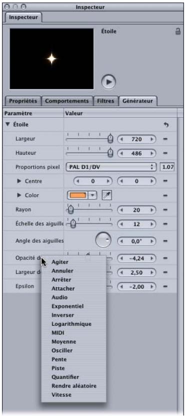 APPLE MOTION 3 - Pour appliquer un comportement Paramètre au générateur Étoile : - 1