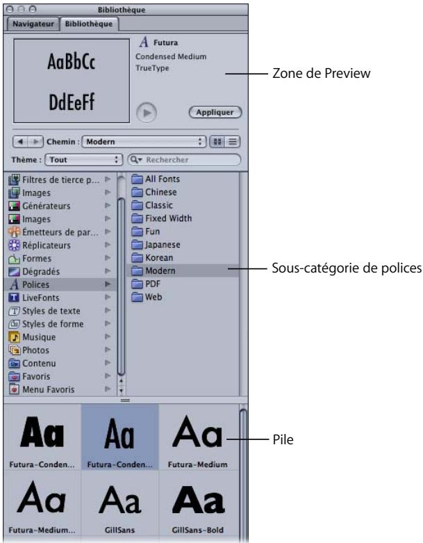 APPLE MOTION 3 - Pour prévisualiser une police dans la Bibliothèque : - 2