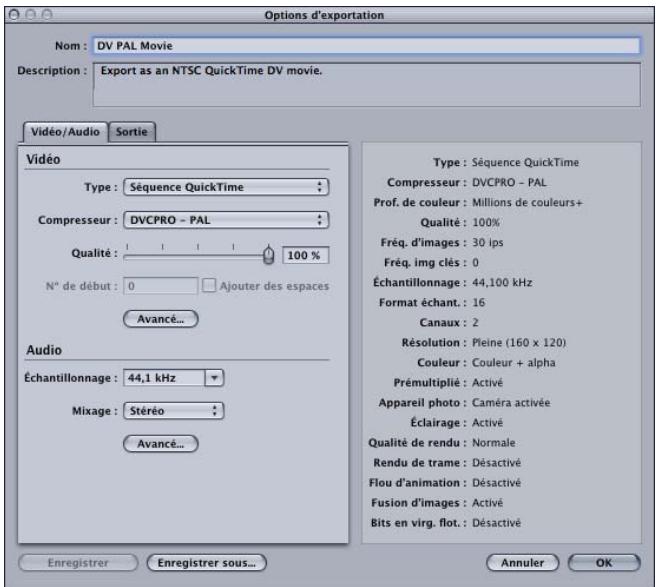 APPLE MOTION 3 - Zone de dialogue Options d'exportation - 1