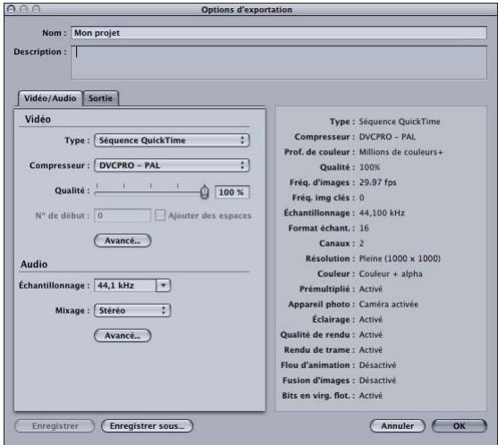 APPLE MOTION 3 - Pour modifier les options d'exportation vidéo : - 1