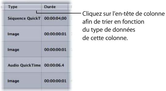 APPLE MOTION 3 - Pour trier une colonne selon le type de fichier dans l'onglet Média : - 1
