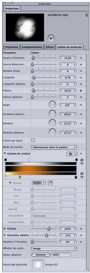 APPLE MOTION 3 - Pour ouvrir l'onglet Cellule de particule : - 1
