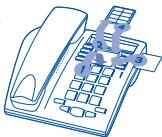 Line drawing of a classic telephone handset with labeled buttons and keypad