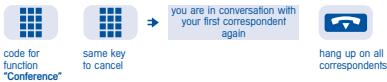 code for function "Conference" same key to cancel you are in conversation with your first correspondent again hang up on all correspondents