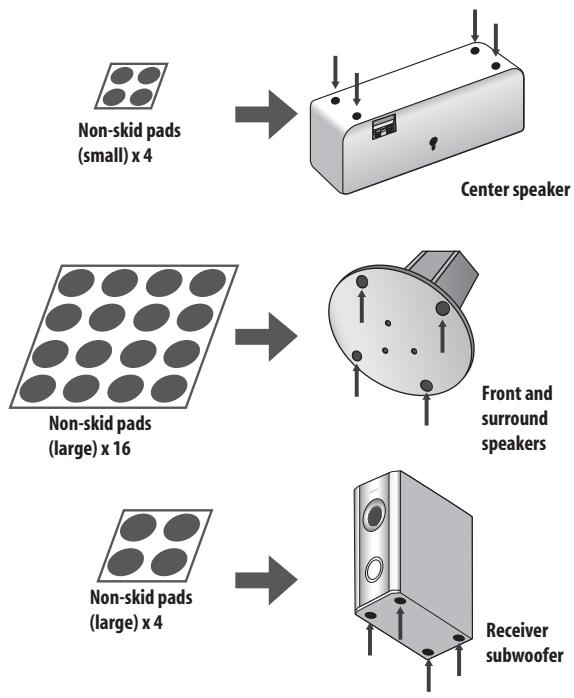 PIONEER DVR-440H-AV (RCS-404H) - Attach the smaller non-skid pads to the base of the center speaker. The large non-skid pads are for the front and surround speakers, and the receiver subwoofer (as shown). - 1