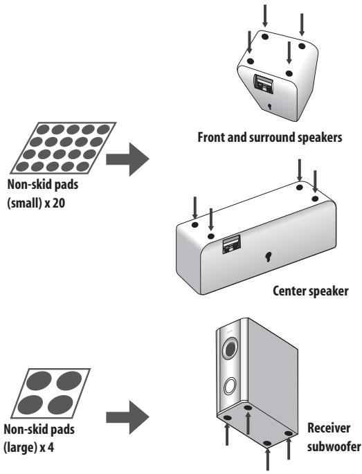 PIONEER DVR-440H-AV (RCS-404H) - Attach the smaller non-skid pads to the base of each of the front, surround and center speakers. The four large non-skid pads are for the receiver subwoofer (as shown). - 1