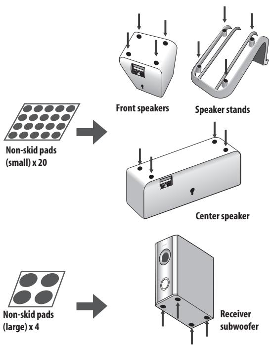 PIONEER DVR-440H-AV (RCS-404H) - Attach the smaller non-skid pads to the base of the front and center speakers and to the speaker stands. The four large non-skid pads are for the receiver subwoofer (as shown). - 1