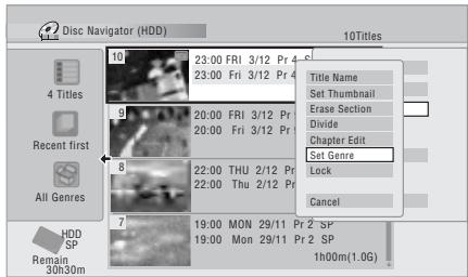 PIONEER DVR-550HX-S - Select 'Edit' > 'Set Genre' from the command menu panel. - 1