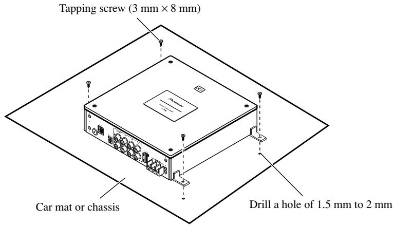 Tapping screw (3 mm × 8 mm) Car mat or chassis Drill a hole of 1.5 mm to 2 mm