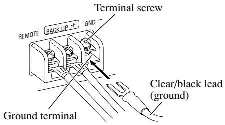 Terminal screw REMOTE BACK UP + GND - Ground terminal Clear/black lead (ground)